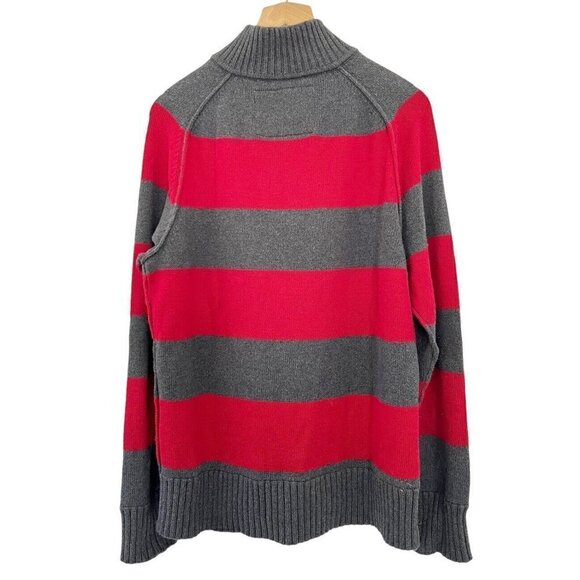 American Eagle Mens Large 1/4 Zip Red & Gray Striped Mock Neck Pullover Sweater - Picture 3 of 7